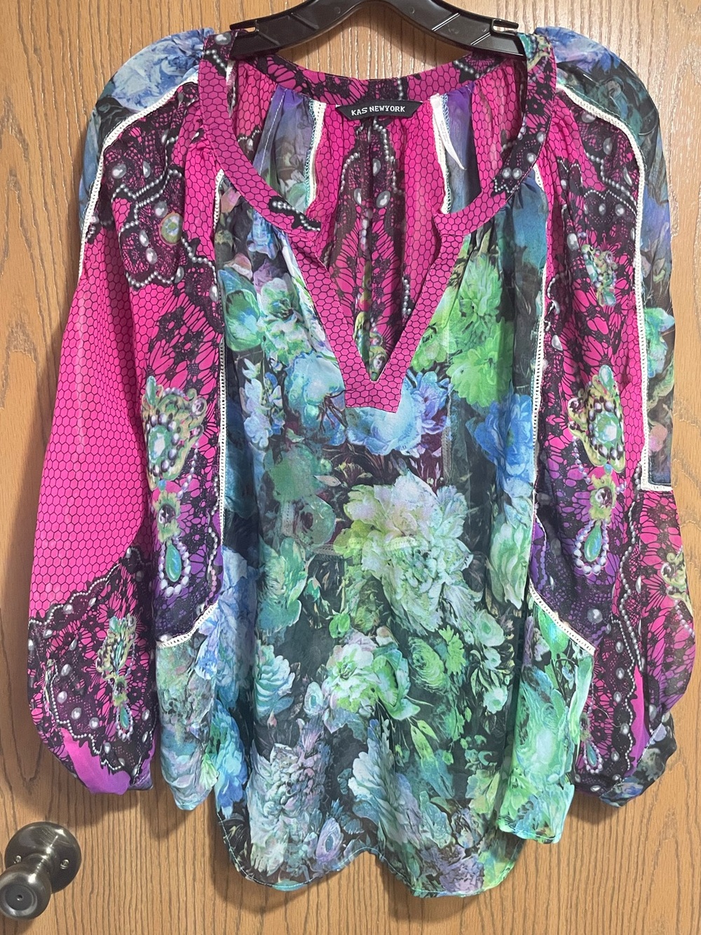 Floral V-Neck Blouse in Pink, Green and Blue with V-Neck